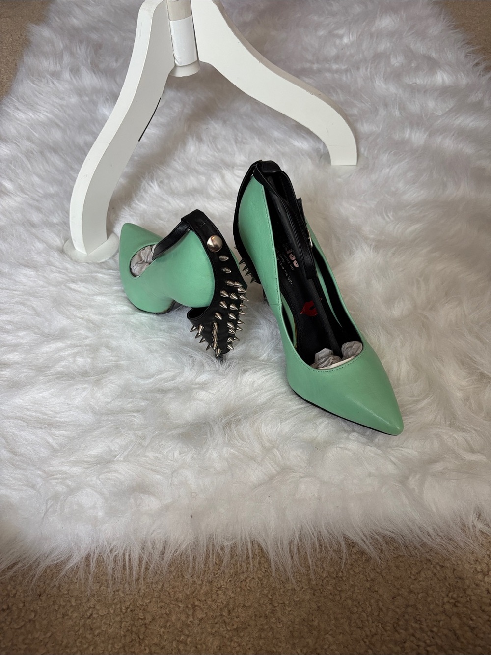 Kiss Mint Green Pointed Toe Studded Spike-Heel Pumps
